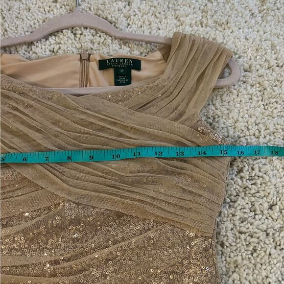 Lauren Ralph Lauren Evening Gold Sequin Mesh Shoulders Mini Dress - Picture 9 of 10